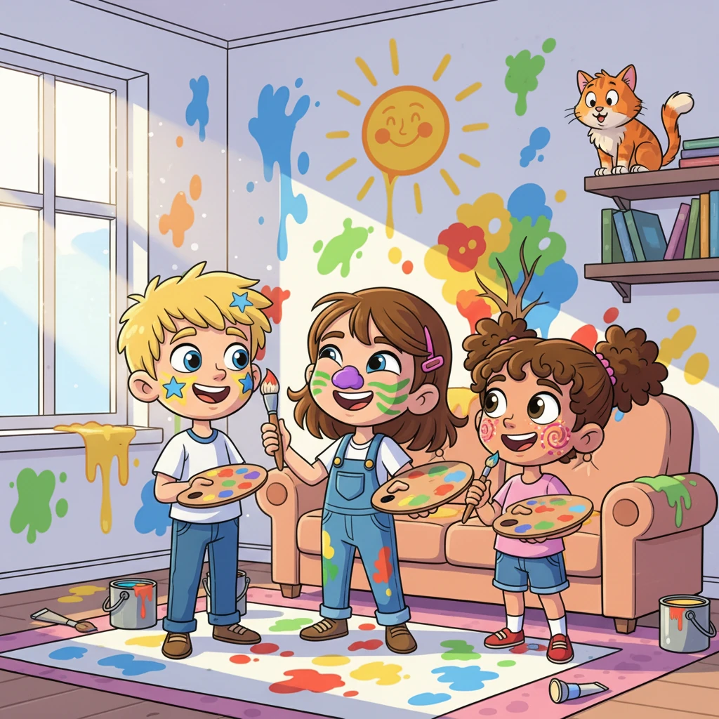 Misk decided to paint her own face! She carefully added a purple nose and green stripes to her cheeks. Ali and Meriem followed suit, becoming a trio of colorful characters.