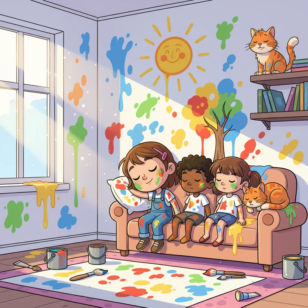 After all the painting, drawing, and decorating, the children were tired. They gathered together, their faces still adorned with paint, and snuggled up on the couch.