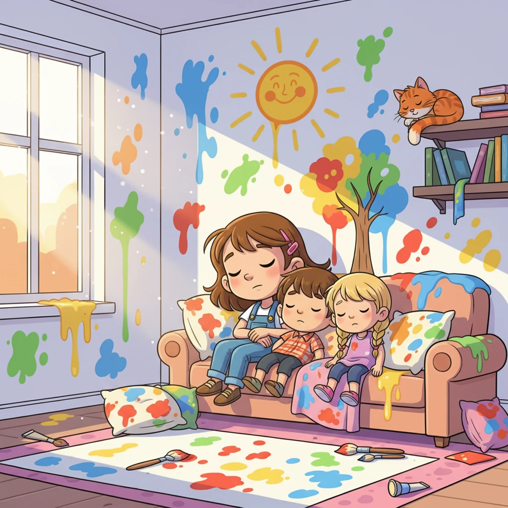 As the sun set, casting a warm glow over the colorful house, Misk, Ali, and Meriem drifted off to sleep. They knew tomorrow would bring more fun, more laughter, and more home adventures.