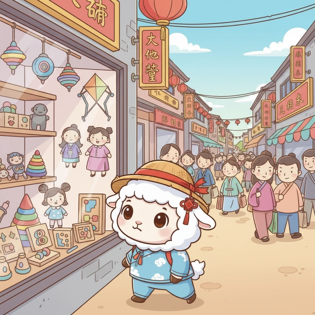 多利小心翼翼地走进一条热闹的街道，街上挤满了来来往往的人们。它看到商店橱窗里摆放着各式各样的商品，还有孩子们在玩耍。多利感到有点不知所措，但更多的是兴奋。