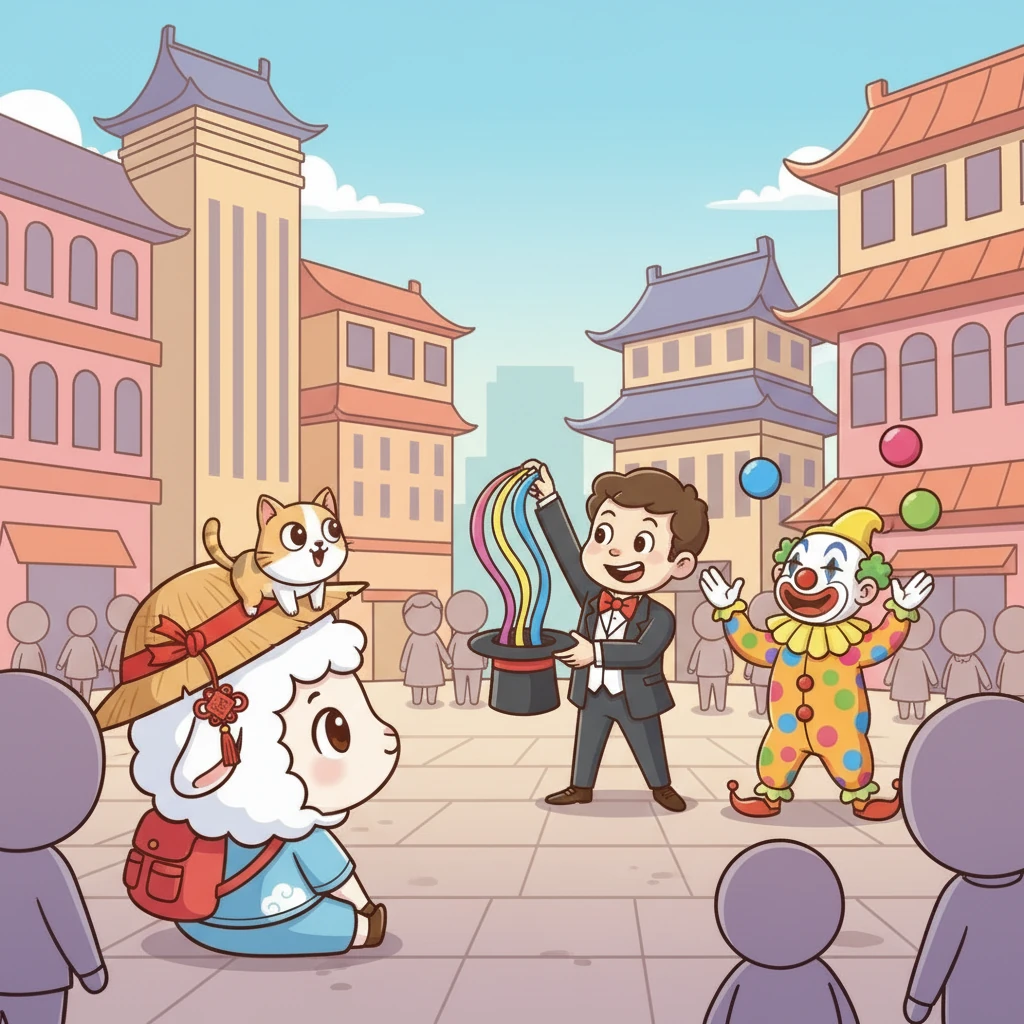 乐乐带着多利来到了城市的中心广场，那里正在举行一场有趣的街头表演。魔术师变出了彩色丝带，小丑滑稽地表演着，吸引了所有人的目光。多利看得津津有味，眼睛都舍不得眨一下。