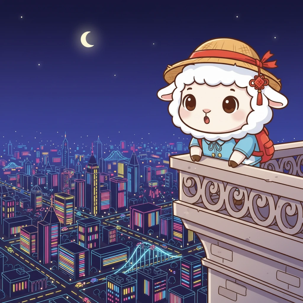 当夜幕降临，城市的灯光亮了起来，多利第一次看到了如此璀璨的夜景。五颜六色的霓虹灯把城市装点得像一个梦幻的乐园。多利站在高处，俯瞰着这片灯光的海洋，心中充满了震撼。