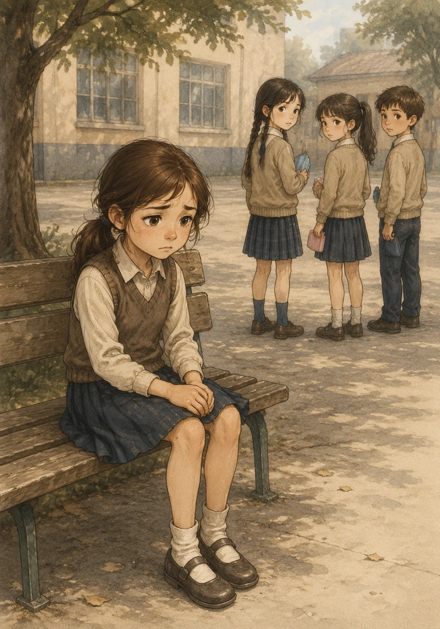 A heavy, lonely feeling began to settle over Lila as she realized her friends were acting differently around her. They still spoke to her, but she was no longer invited to join their recess games, and everyone guarded their pencil cases carefully whenever she walked past. Lila sat alone on the wooden bench, missing the easy laughter and warm trust they all used to share.
