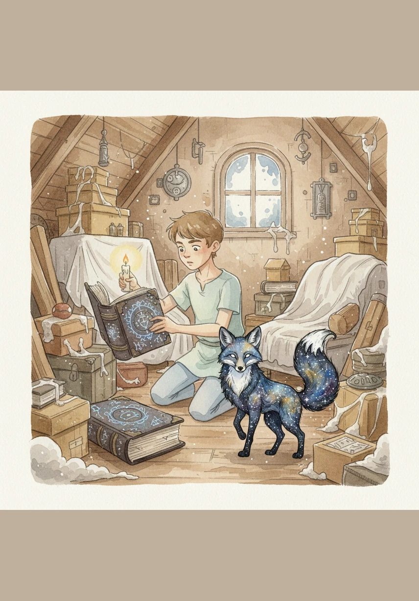 Oliver discovered an ancient, leather-bound book tucked away in the deepest corner of the attic. The cover was embossed with strange, shimmering symbols that seemed to pulse with a life of their own.