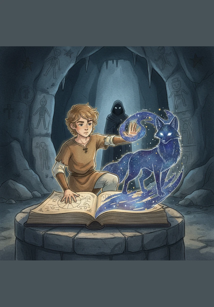 As he opened the heavy cover, the letters began to swirl and dance across the yellowed parchment. They weren't just words; they were tiny sparks of light that hummed a soft, melodic tune.