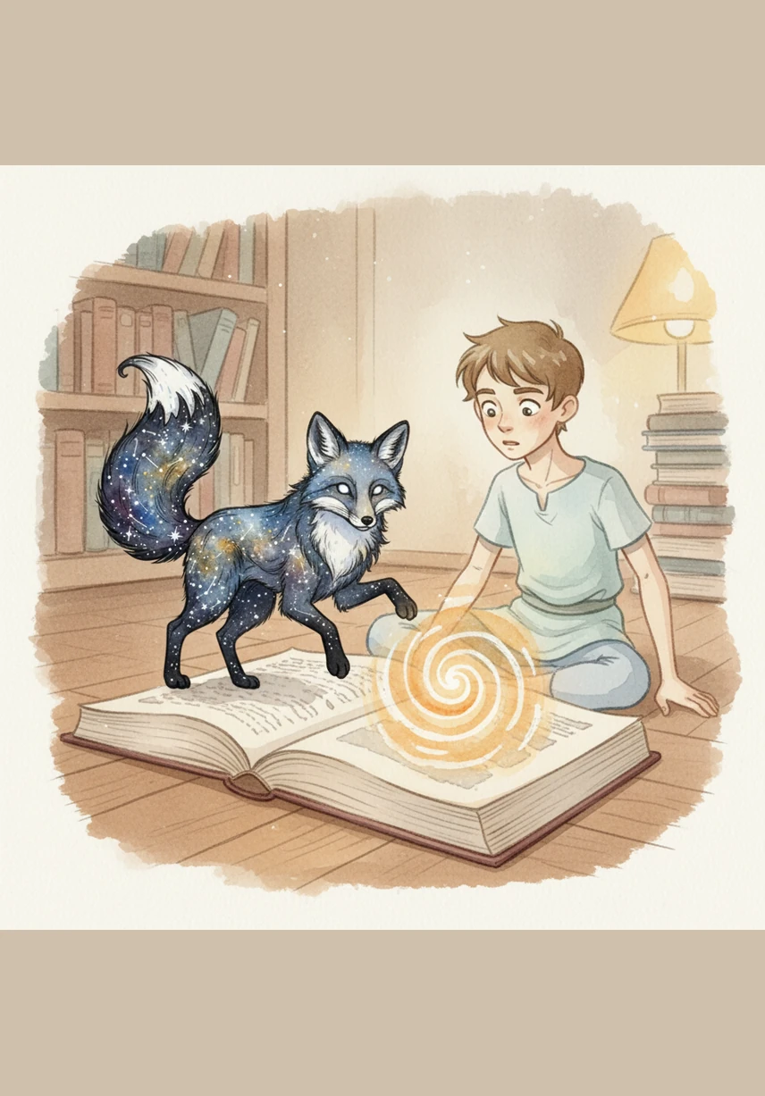 Suddenly, a fox made of starlight and ink leapt from the pages, landing softly on the wooden floor. It looked at Oliver with knowing eyes and gestured toward a glowing portal that had appeared within the book.