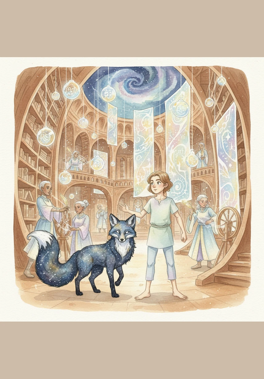 The fox led him to the Great Library of Echoes, where every spoken word hung in the air like a delicate glass ornament. Here, the Word Weavers worked tirelessly to spin stories into the fabric of the sky.