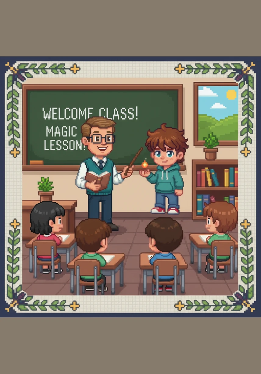 Leo puts on his soft blue jumper. He is ready for a big day at school. The illustration shows Leo, a young boy with a friendly face, standing in his bedroom wearing his blue school jumper and white shirt as soft morning sunlight streams through the window in a gentle anime style.