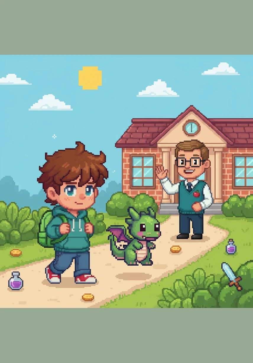 Leo walks to school with his bright green backpack. The morning air feels fresh and cool. The illustration depicts Leo walking down a leafy UK street with pastel-colored houses and soft green trees under warm, cinematic lighting.