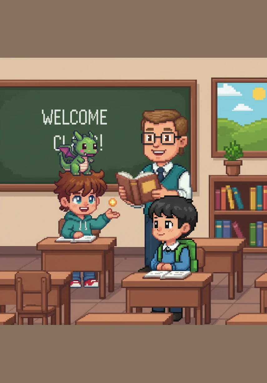 Leo hangs his coat on the wooden peg. He smiles at his teacher at the classroom door. The illustration features a Ghibli-inspired classroom entrance where Leo is hanging a small coat, with a kind-looking teacher in the background and soft shading throughout.