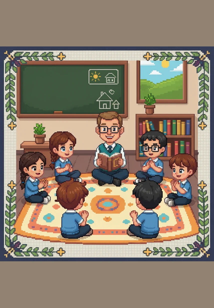 It is circle time on the colorful rug. Leo sits with his friends in their matching blue uniforms. The illustration shows a group of diverse children in blue jumpers sitting in a circle on a patterned rug in a classroom filled with books and plants under gentle lighting.