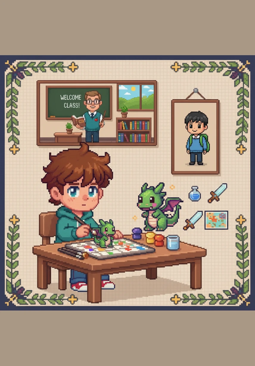 Leo paints a beautiful yellow sun. He loves using bright colors at the art table. The illustration is a close-up of Leo at a low wooden table, focused on his painting with jars of brushes and splashes of pastel paint surrounding him.