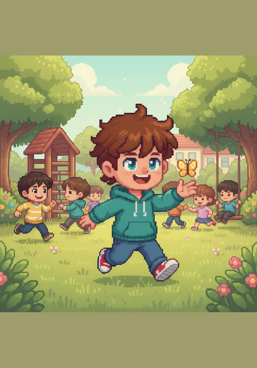 The children run and play outside. Leo chases a golden butterfly in the school garden. The illustration shows a lush green playground with a wooden climbing frame and Leo laughing as he reaches toward a small butterfly in a soft, airy atmosphere.