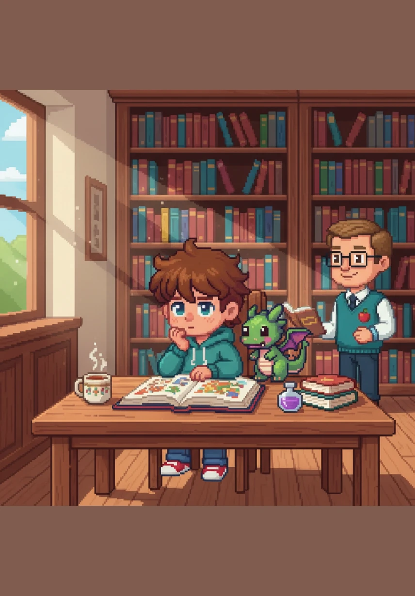 Leo finds a quiet corner in the library. He reads a big book about brave dragons. The illustration depicts a cozy library nook with floor cushions where Leo is engrossed in a large picture book as the shelves of books glow in the soft light.