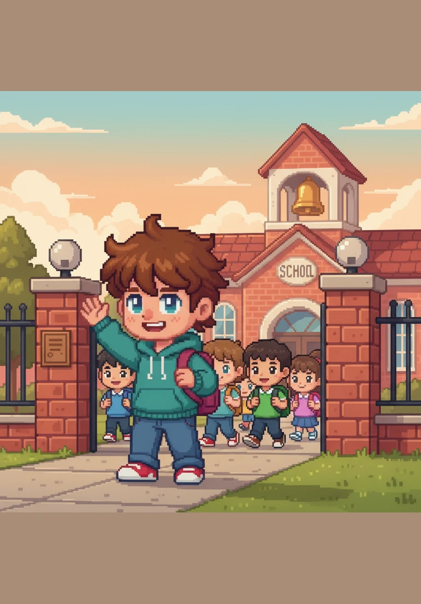 The school bell rings at the end of the day. Leo waves goodbye to his friends. The illustration shows children walking out of the school gates with Leo waving and looking happy against a soft afternoon orange sky.