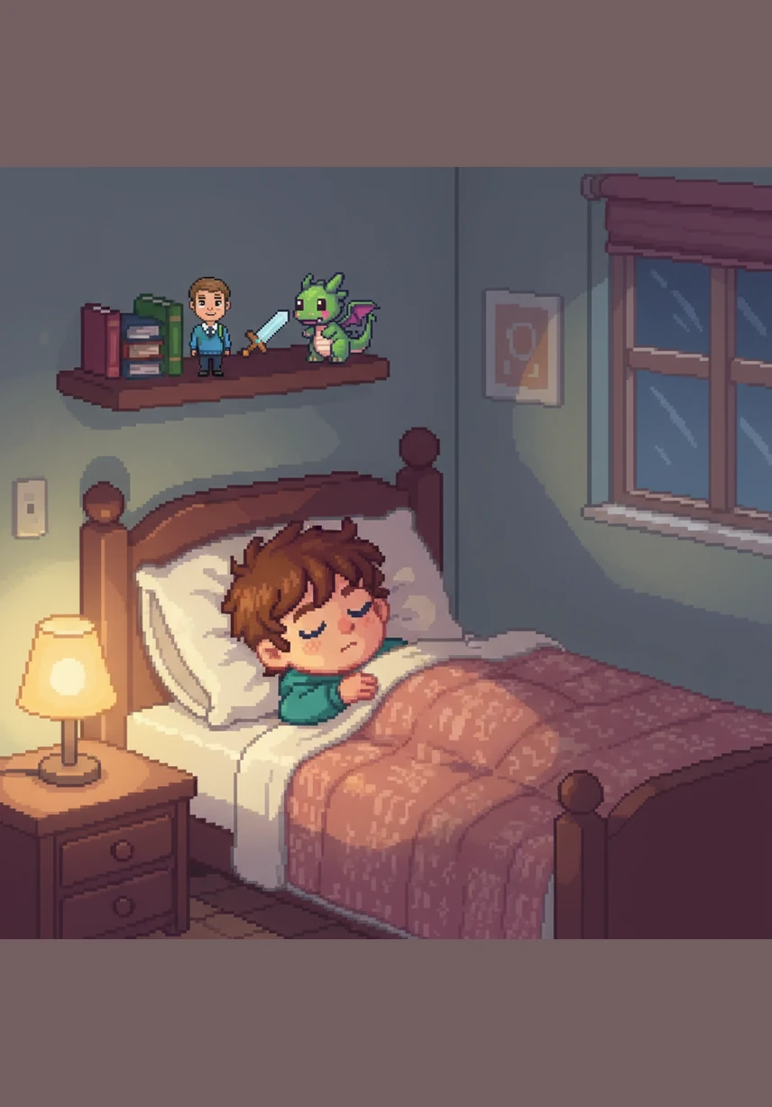 Leo snuggles under his warm duvet. He is excited to go back to school tomorrow. The illustration shows Leo fast asleep in his bed with a small lamp casting a golden glow, creating a peaceful and dreamlike end to the day.