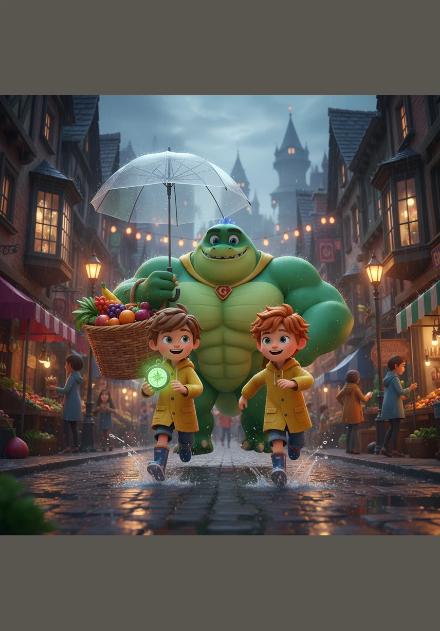 Under a grey, rainy sky in the bustling city of Shanghai, two young friends named Zac and Jace were racing through the wet streets. The neon lights reflected off the puddles as they laughed, unaware that their ordinary day was about to turn into an extraordinary adventure.