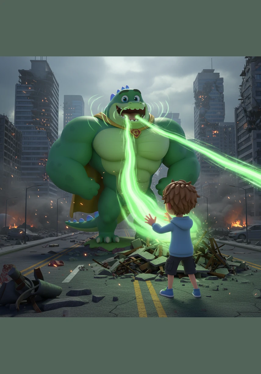 The monster let out a deafening roar that shook the very foundations of the city, its incredibly muscular frame rippling with power. Its massive tail swept through the streets, sending cars tumbling like toys while the boys watched in stunned silence from their hiding spot.