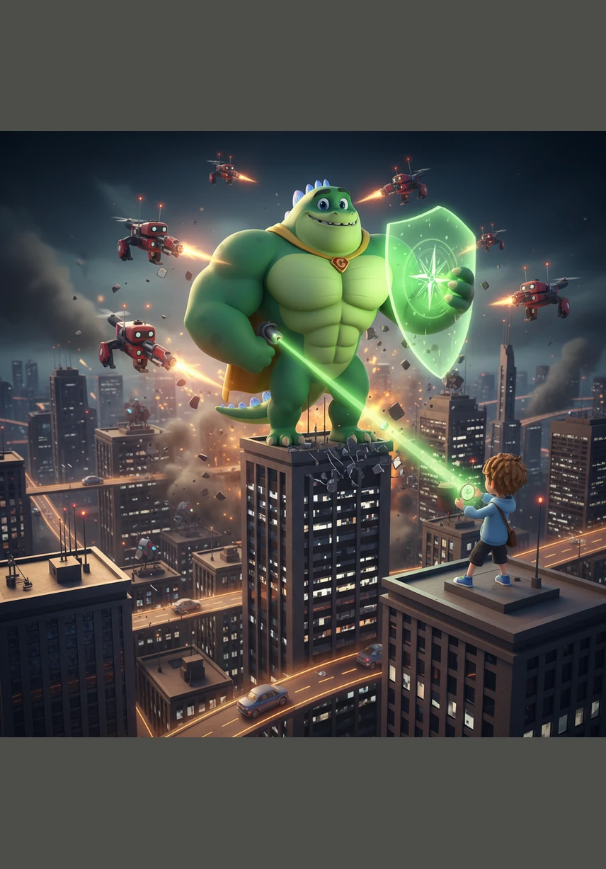 The military forces opened fire, a relentless barrage of shots echoing against the metal and glass of the surrounding skyscrapers. Godziler roared in frustration, batting at the helicopters as the soldiers fought bravely to protect the people hiding in the buildings.