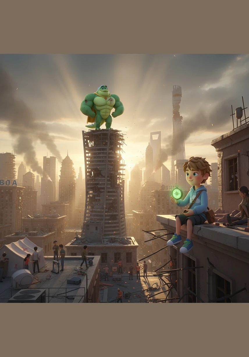 The sun began to peek through the clouds over the ruined but safe city of Shanghai, marking a bittersweet victory. While many buildings were broken, not a single person was hurt, and the brave soldier who saved them became a famous hero whose name would be remembered forever.