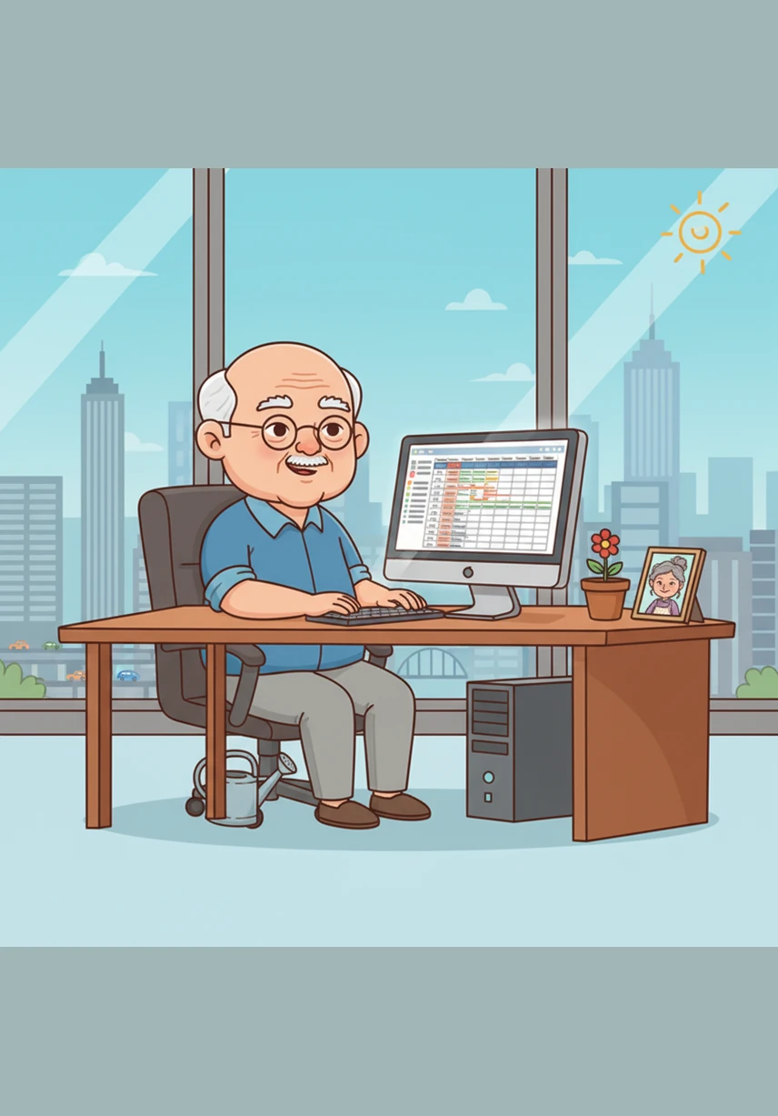 Mr. Chan sits at his desk in a high-rise office, surrounded by blueprints and a daunting tax assessment. The bright lights of the city flicker outside, reflecting his concern for his financial future and the rising costs of living.