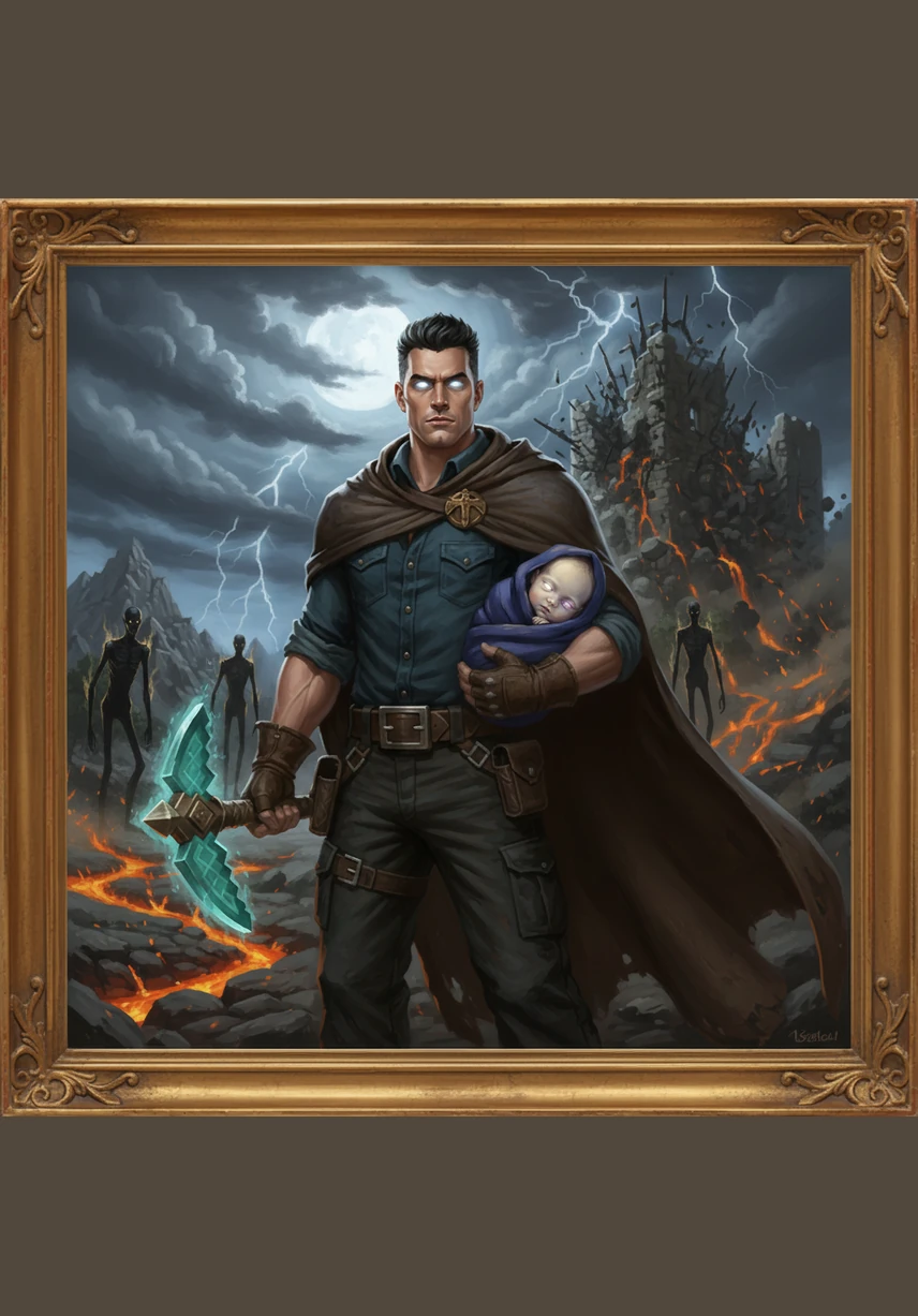 Herobrine clutched the small, warm bundle against his chest, his white eyes darting through the eternal purple twilight of the End. Behind him, the jagged obsidian pillars stood like silent sentinels, marking the home he was desperate to leave forever.