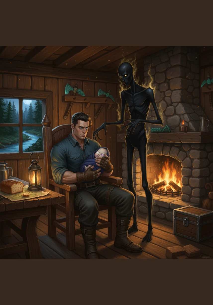 He found shelter within a small, weathered wooden cabin tucked away near a rushing blue river. Inside, he sparked a small fire, the orange flames casting a protective glow over the room as he finally allowed himself to stop running.