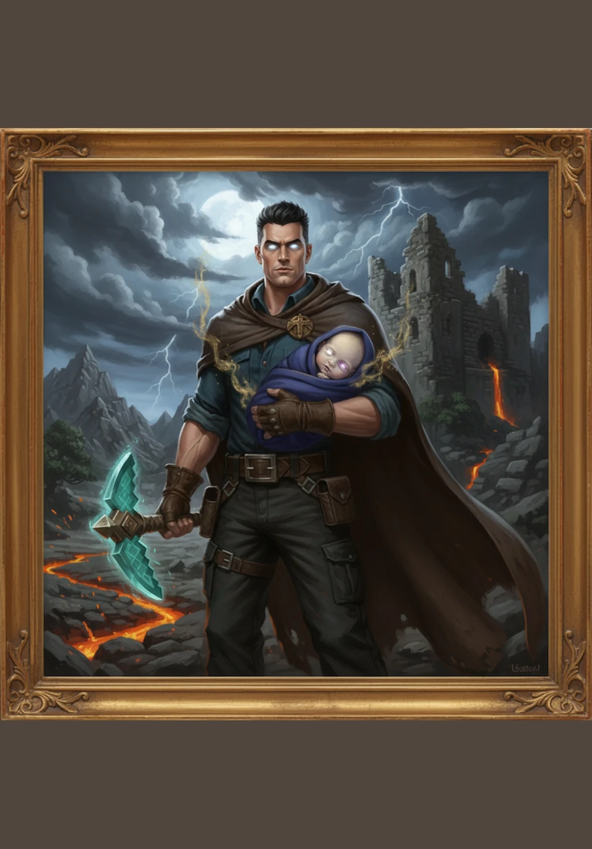 As the baby stirred, Herobrine looked down and saw a reflection of his own struggle in the child's eyes. One eye shone with a brilliant, steady white light, while the other flickered with a faint, haunting purple hue.