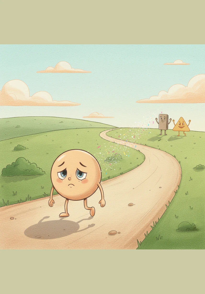 Circlo the little circle rolled slowly along a winding path, feeling very small and alone. The world around him was filled with strange colors, and he realized he didn't know which way was home.