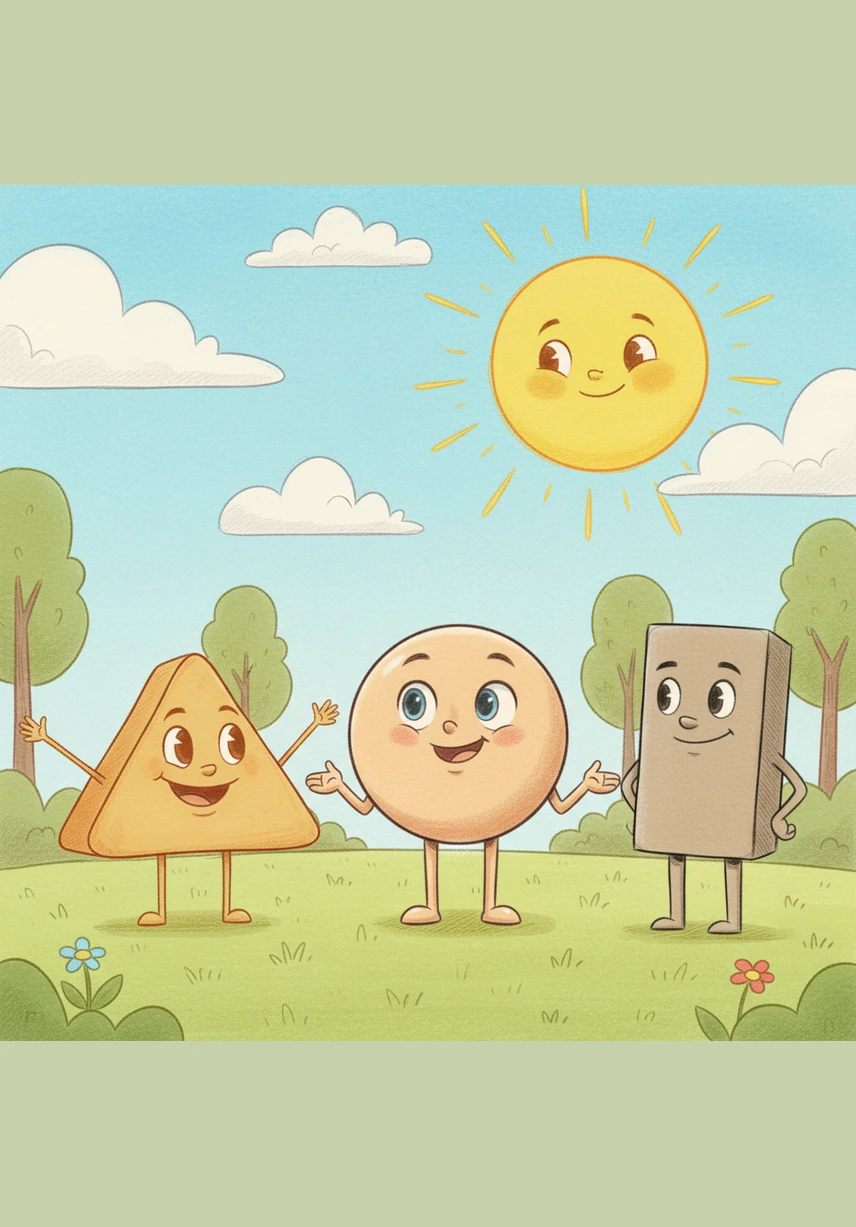 Soon, Circlo came across a bright yellow house shaped exactly like a triangle. A friendly triangle with a big smile stepped out and asked Circlo where he was headed on such a sunny day.