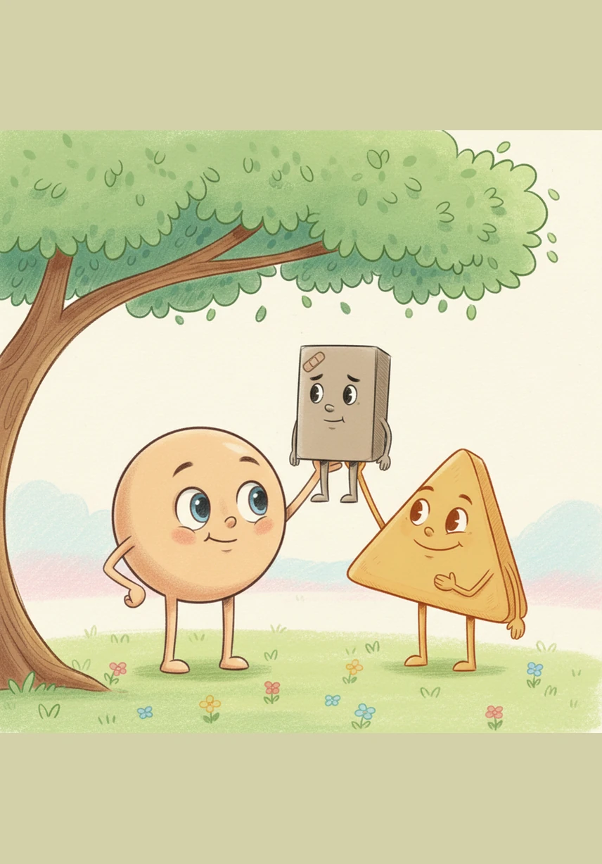 Circlo explained that he was lost and needed help finding his way back. The triangle gave a warm grin and promised to walk with him, making sure Circlo wasn't alone anymore.