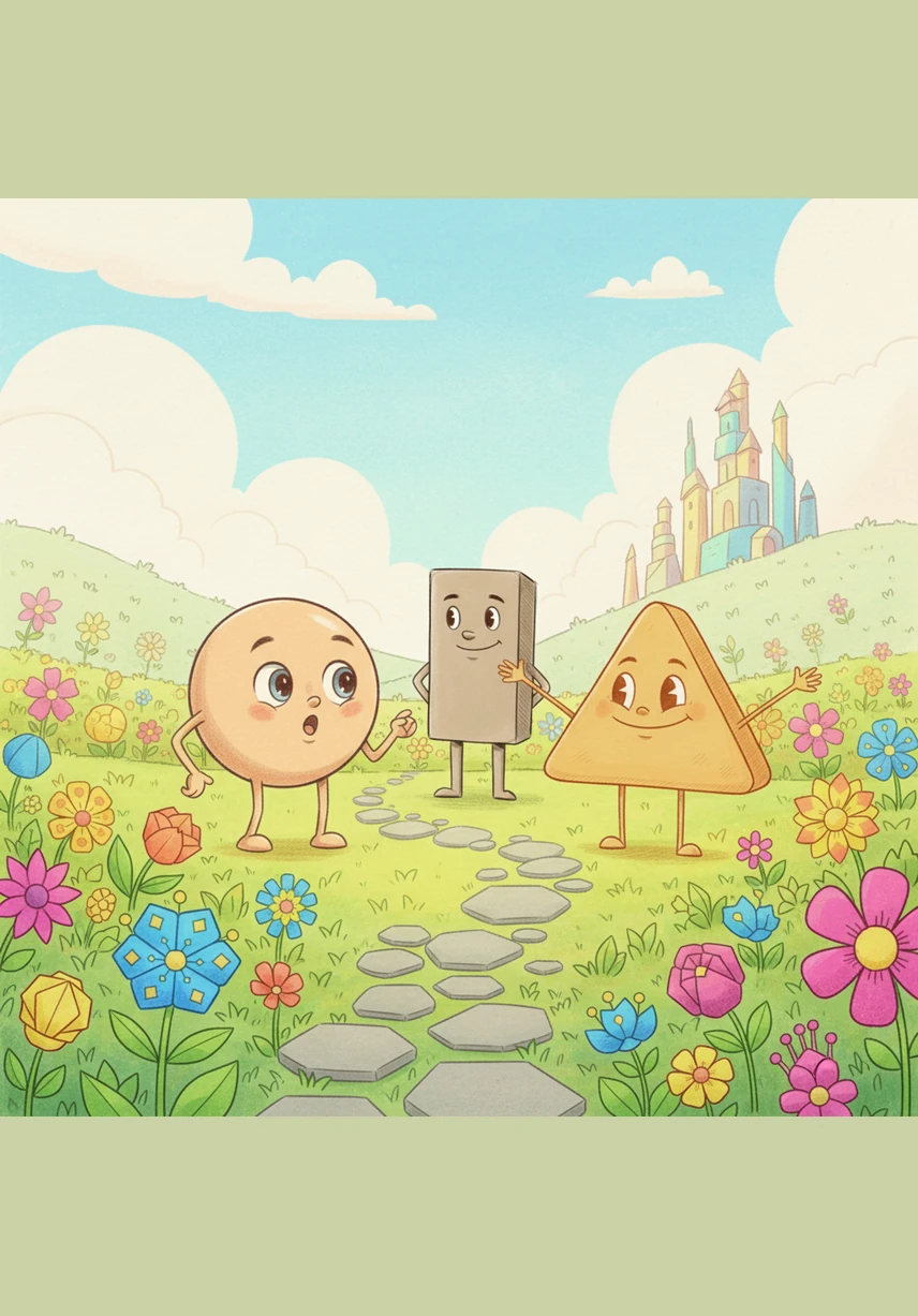 As they traveled through a meadow of geometric flowers, they met a tall, sturdy rectangle. The rectangle looked at the duo and asked with a hopeful voice if he could join their little group.