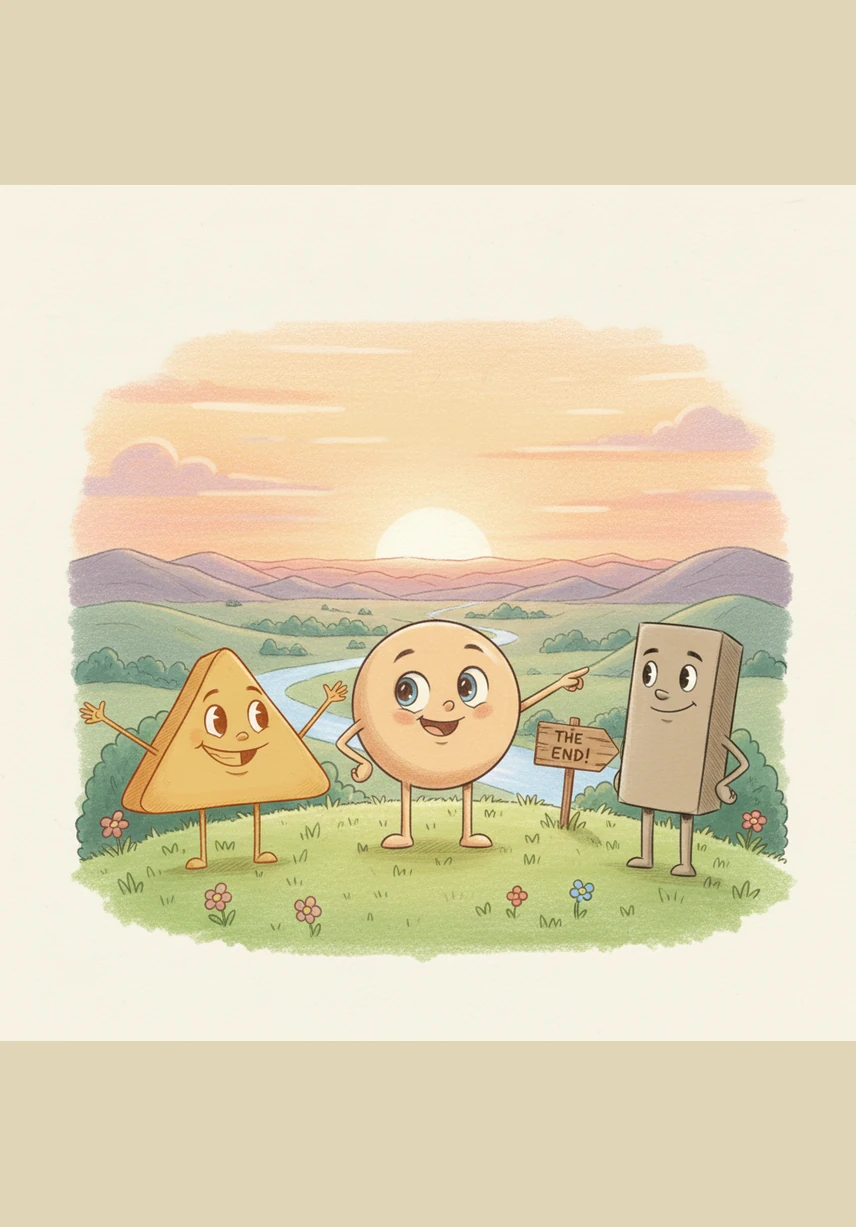 They reached the grassy shore safely and cheered for their clever plan. Circlo realized he wasn't lost at all because he had found the best thing in the world—a group of true friends.