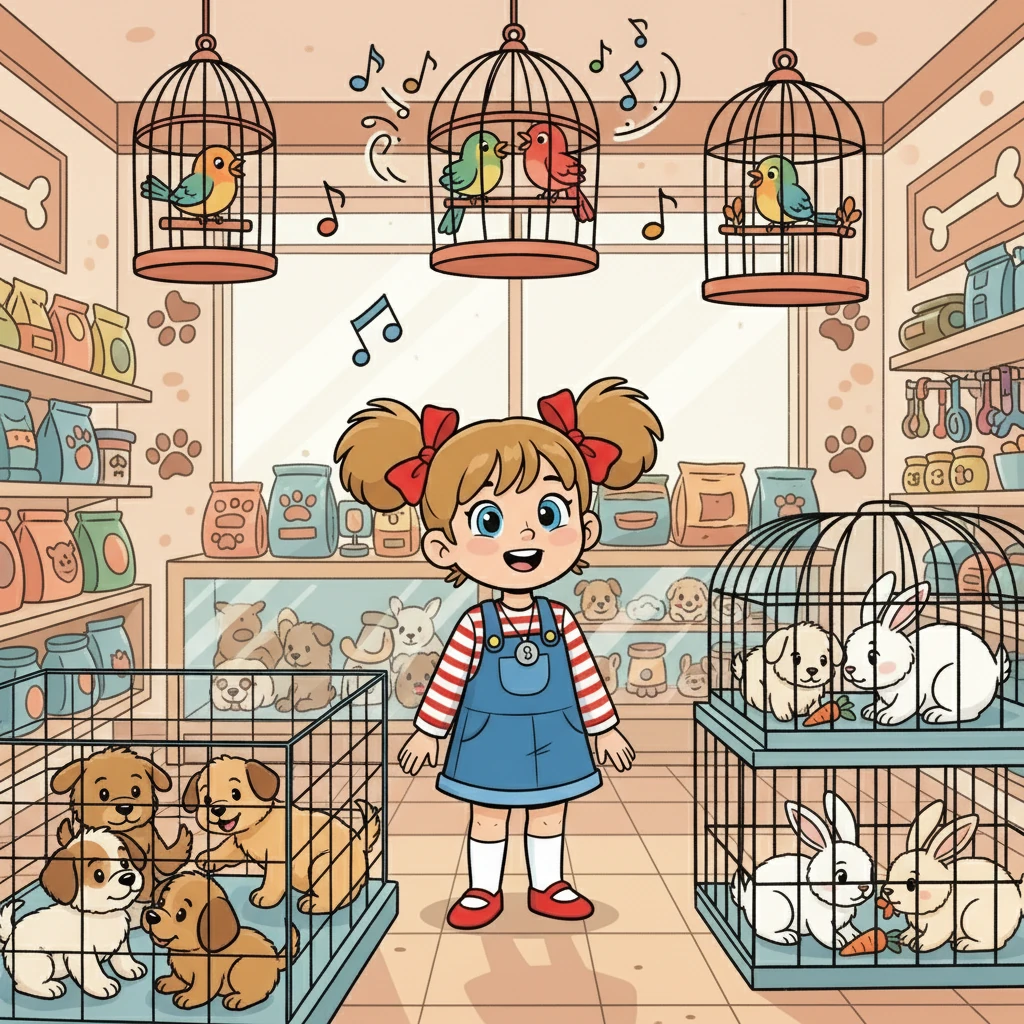 La boutique était remplie de cages et de petits animaux. Diana, émerveillée, regardait les chiots jouer, les lapins sauter et les oiseaux chanter. Elle cherchait un regard, un signe, quelque chose qui la ferait craquer.
