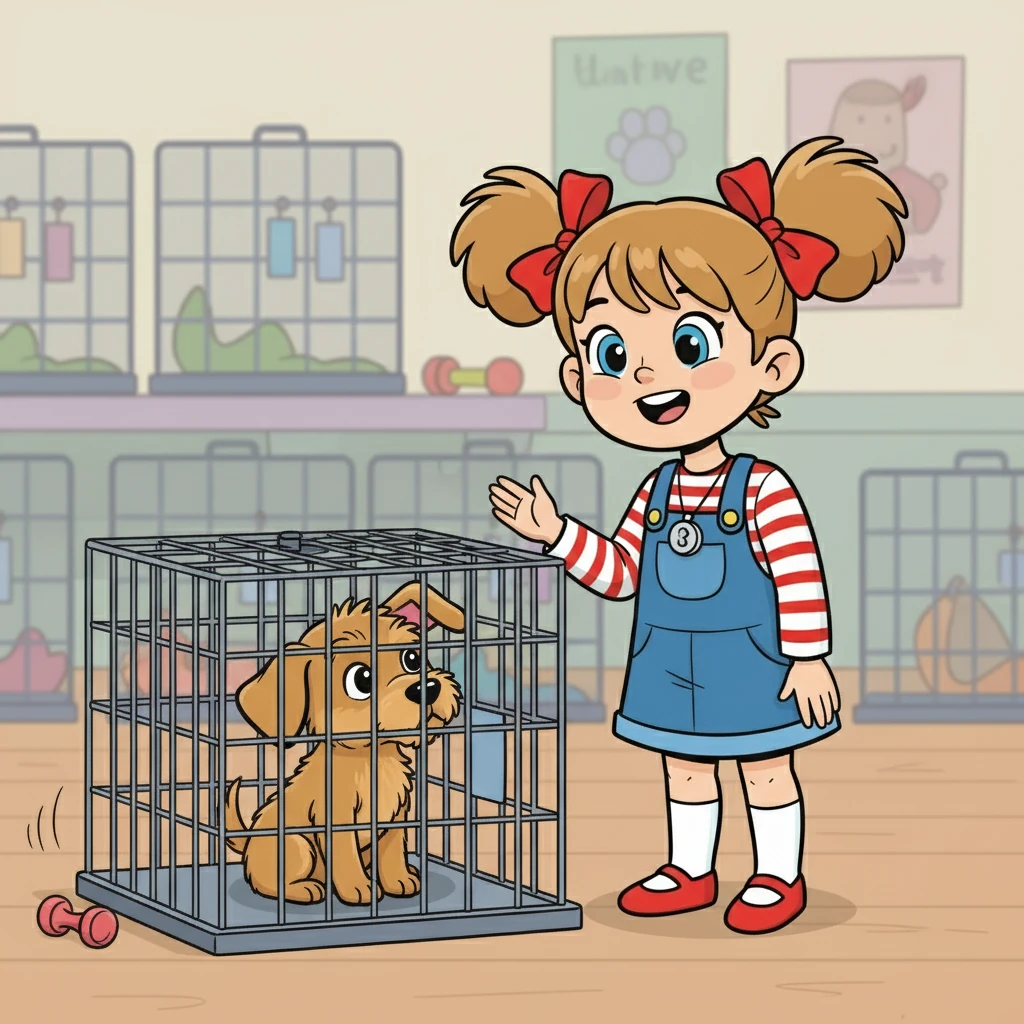 Soudain, au fond d'une cage, elle aperçut un petit chien avec de grandes oreilles et des yeux doux. Il semblait un peu timide, mais dès qu'il croisa le regard de Diana, sa queue se mit à remuer joyeusement.