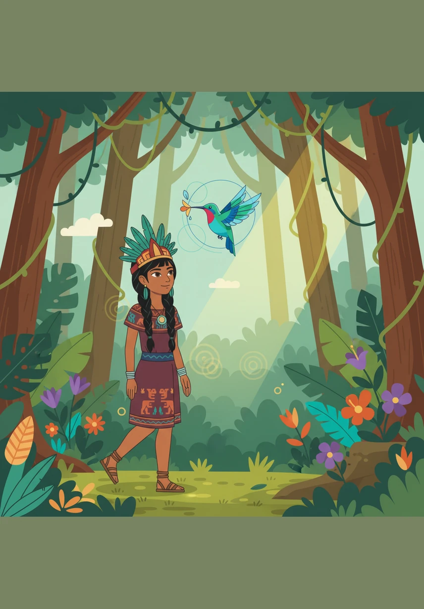 In a hidden Maya village where the clouds brushed against the emerald treetops, people lived in deep harmony with the earth. A young girl named Itzel, with eyes as curious as the new moon, spent her days wandering through the lush forest, listening to the whispers of the wind and the songs of the streams.