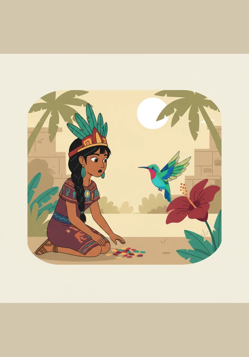 One sunny afternoon, while Itzel was gathering fallen petals for a necklace, she heard a sound like a tiny, rapid drumbeat. She turned to find a miniature creature hovering before a crimson flower, its feathers shimmering with iridescent shades of green, gold, and violet like a living rainbow.