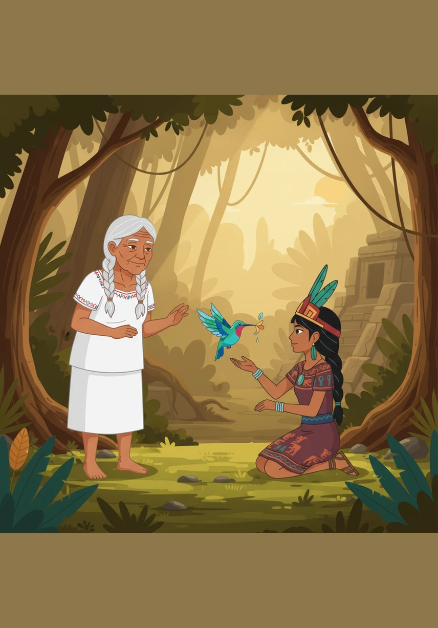 As Itzel reached out a hand to touch the tiny bird, her grandmother Ixchel appeared from the shadows of the trees. Ixchel was the wisest elder of the village, and she gently warned the girl that the hummingbird was a sacred being that must never be held or caged by human hands.