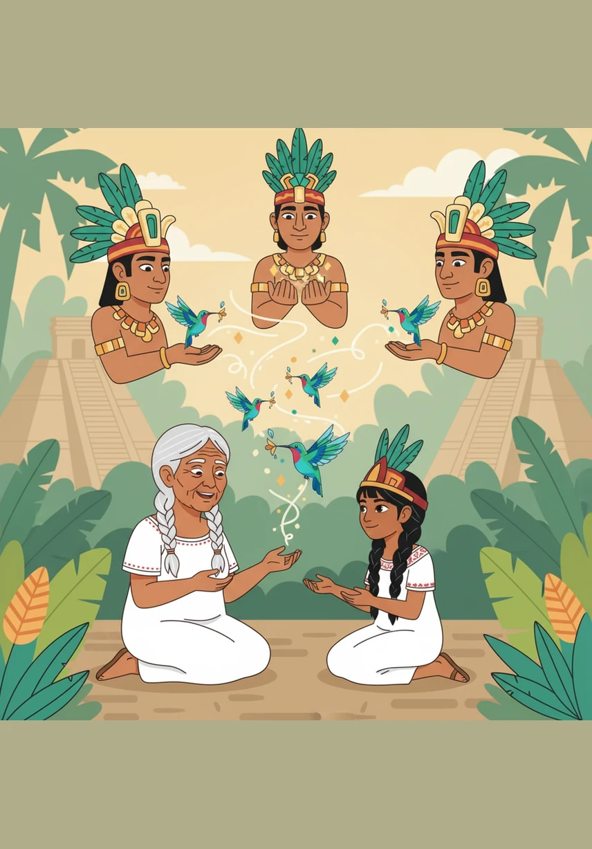 The grandmother explained that when the Maya gods finished painting the universe, they found a few tiny grains of light left in their palms. These fragments were too small for a jaguar or an eagle, so the gods breathed life into the colors, creating the hummingbird from the very essence of light.