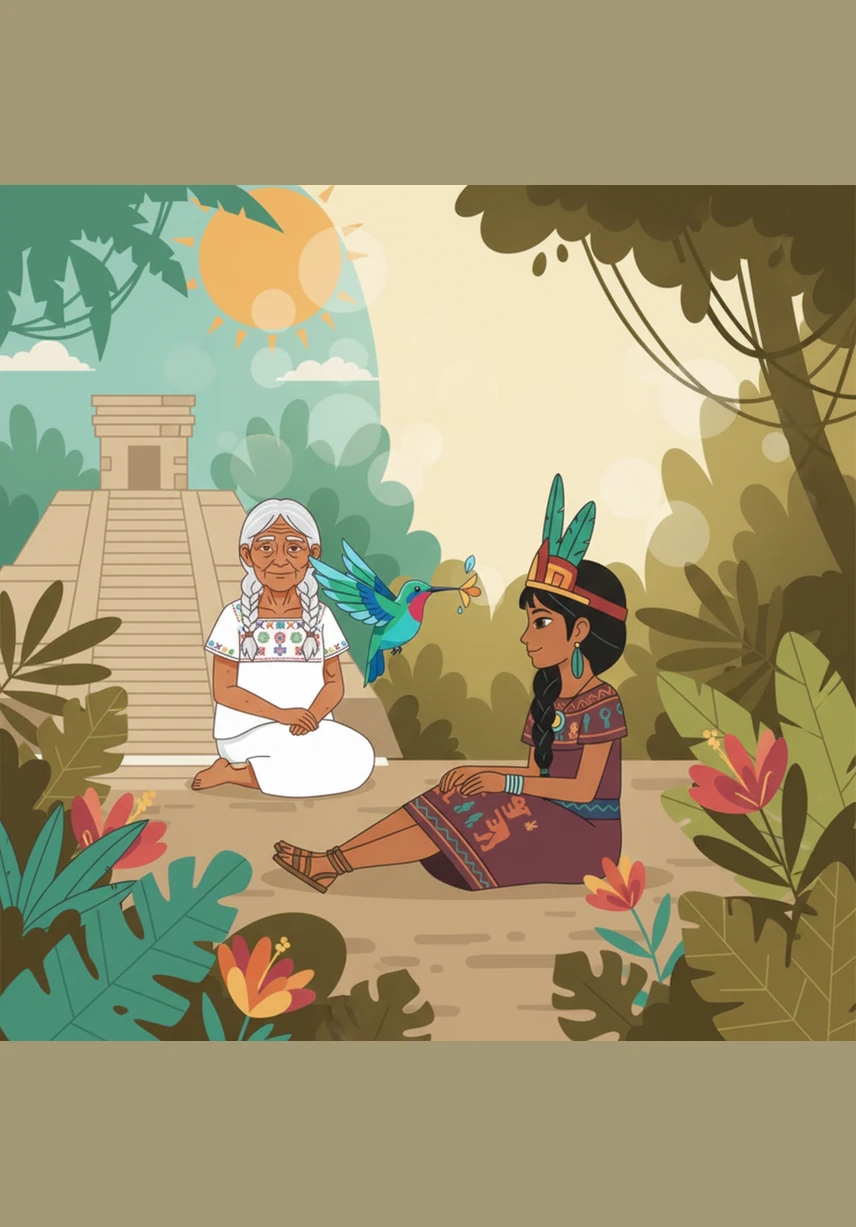 Itzel took her grandmother's words to heart and spent many peaceful days sitting quietly in the garden, watching the bird dance through the air. She would often whisper messages of gratitude to the tiny messenger, watching it zip and dive through the sunlight before vanishing into the deep jungle.