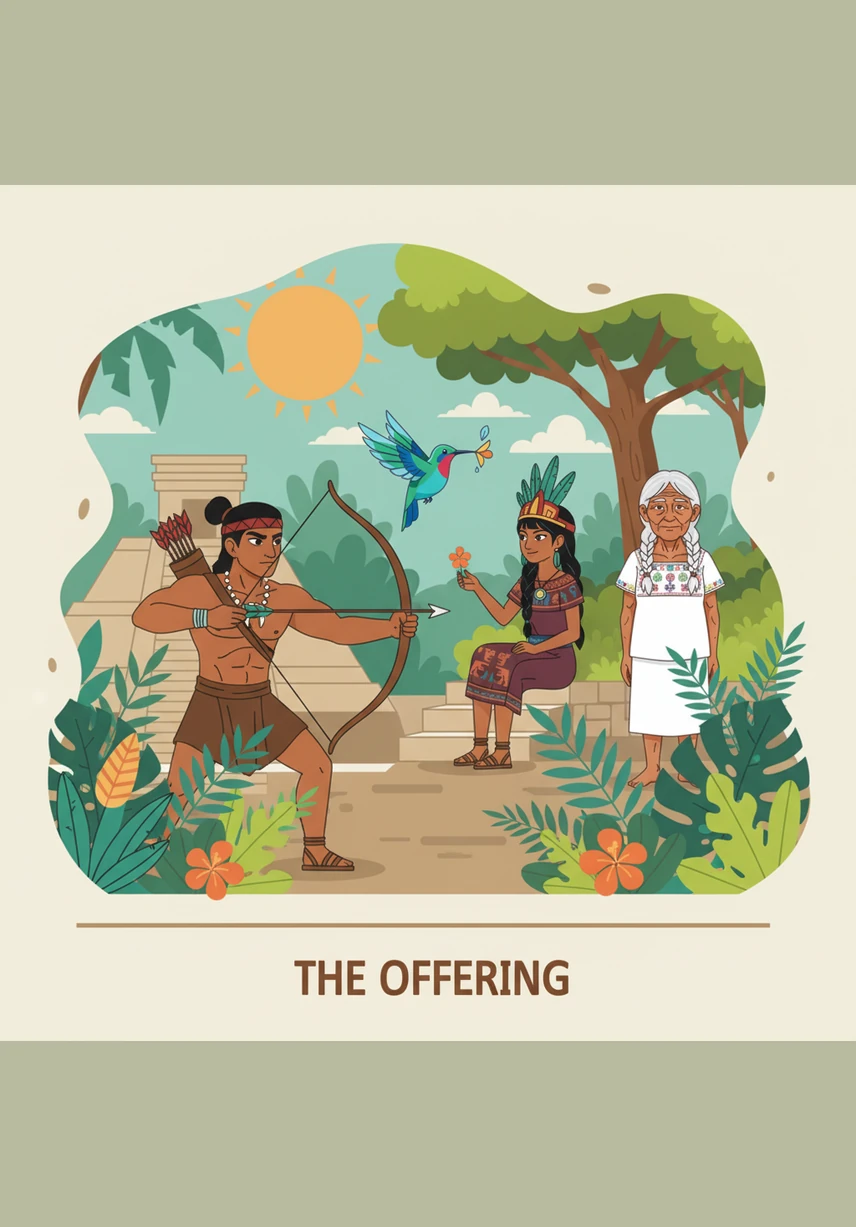 However, a hunter named Balam watched the bird with greedy eyes, imagining how much fame he would gain by owning such a treasure. He ignored the sacred traditions and prepared a thin, invisible net, determined to trap the bird and keep its brilliance inside a golden cage.