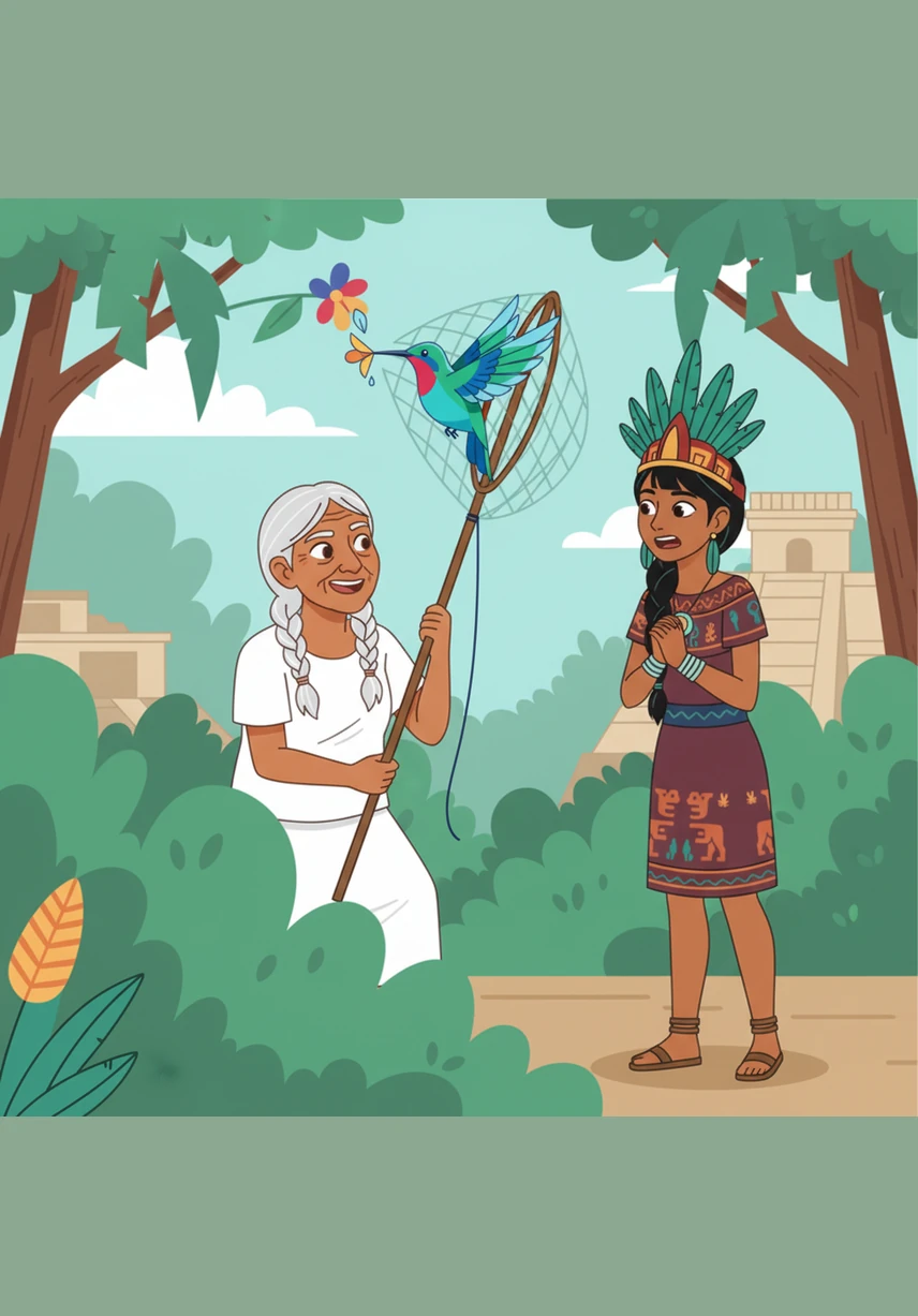 Itzel saw Balam hiding in the bushes and begged him to stop, reminding him that the hummingbird belonged to no one but the sky. Balam only laughed at her warnings, and as the bird hovered over a blossom, he pulled the cord and trapped the tiny creature in his net.