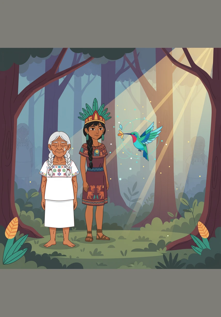 The moment the bird was caught, the wind died down and the forest fell into an eerie, breathless silence. Itzel rushed forward with trembling hands and quickly tore the net apart, allowing the frightened bird to rest on her shoulder for a brief moment before it soared back toward the sun.