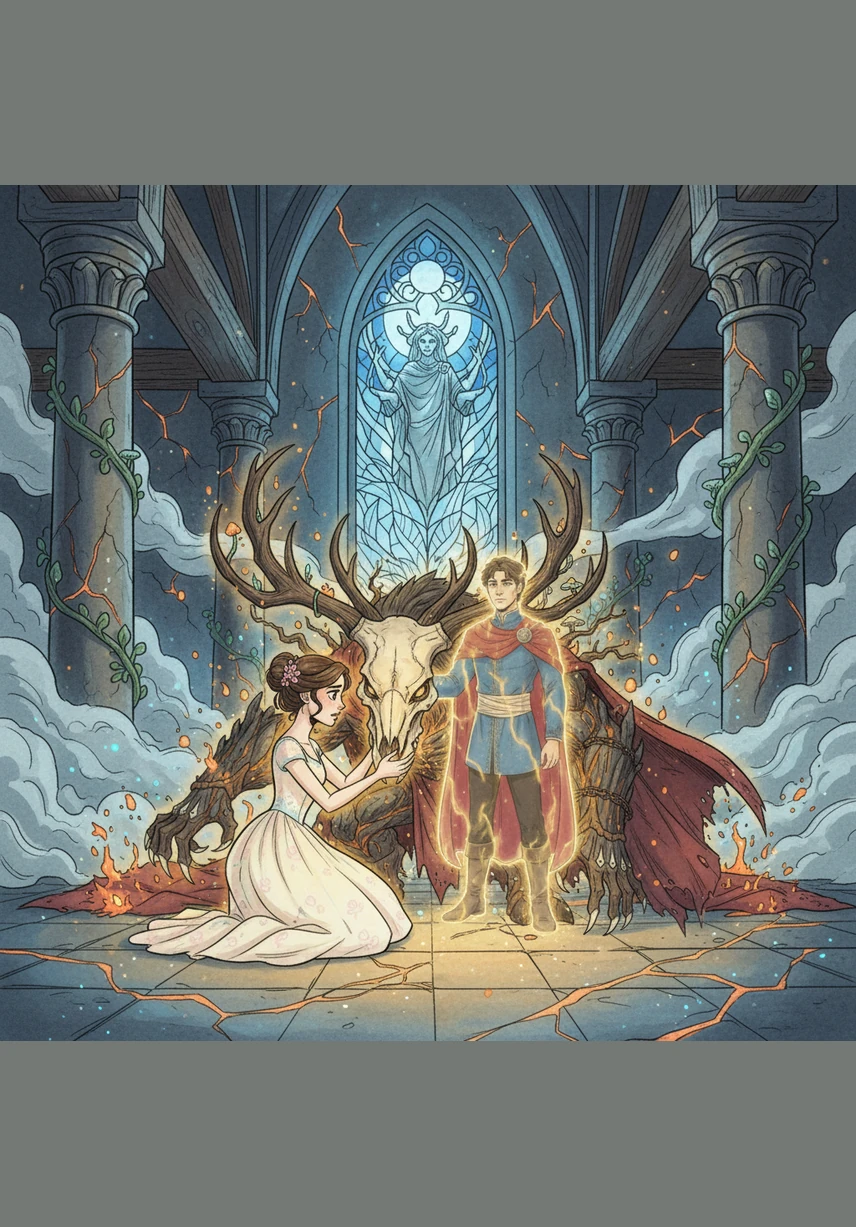 Aadhya steps into the grand, moonlit hall of the mysterious castle, her eyes wide with wonder and a hint of fear. Before her stands the massive, shadow-covered Beast, yet she holds her lantern high, showing her courage and determination. Around them, golden teapots and ornate clocks begin to stir, whispering secrets of an old enchantment that has long haunted these walls.