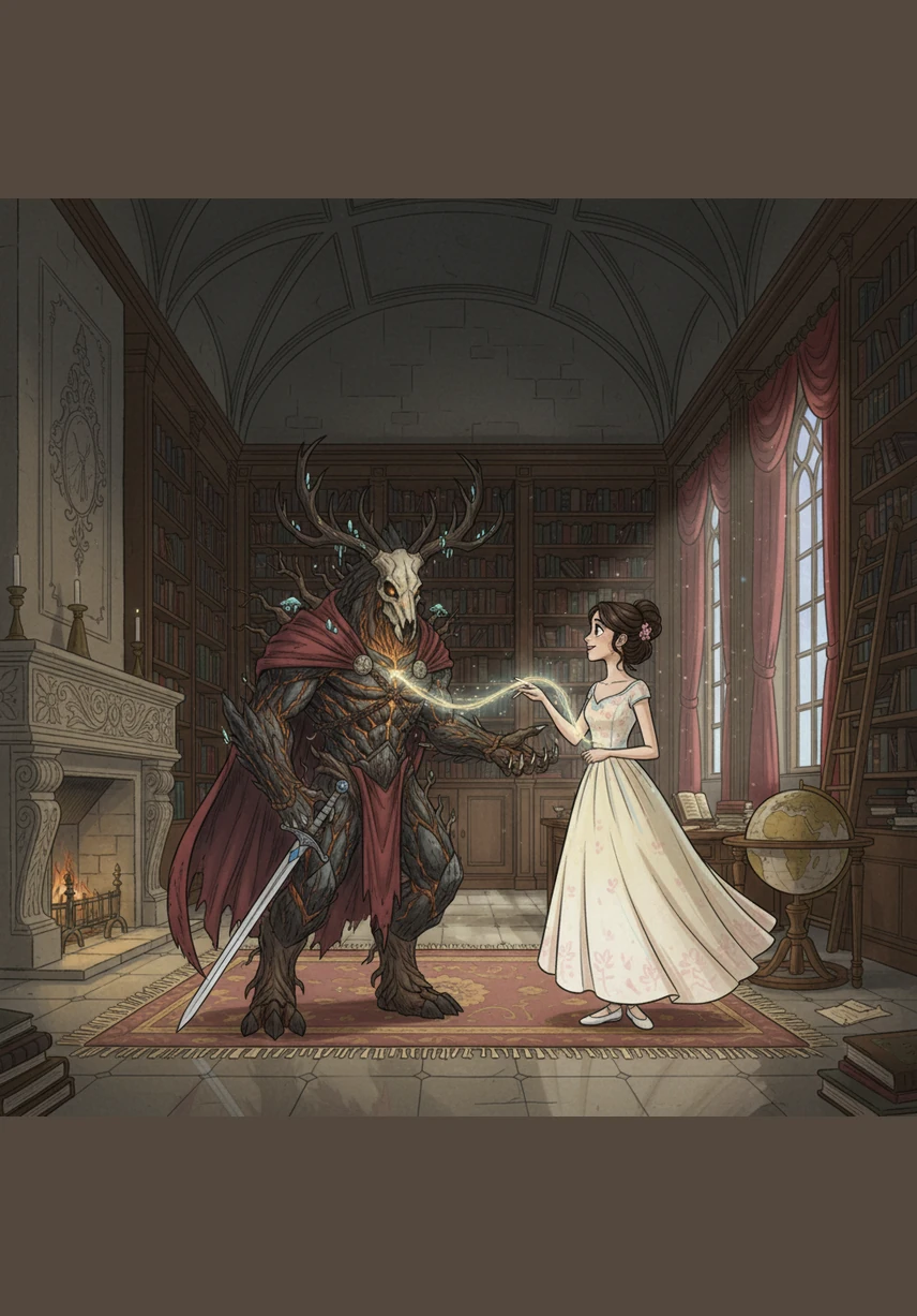 In the heart of the castle's magnificent library, Aadhya sits beside the Beast, sharing a colorful book under the warm glow of magical candles. As they read together, the Beast's fierce expression softens into a gentle smile, and the cold stone walls seem to bloom with vibrant, enchanted roses. A deep friendship begins to blossom, proving that beauty is found in the kindness of one's soul rather than outward looks.
