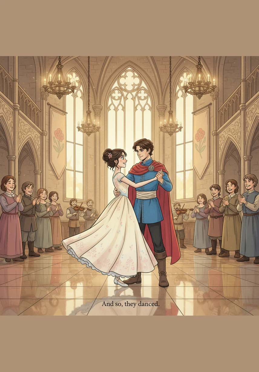 Under a swirling sky of golden magic, Aadhya and the Prince dance together in the restored ballroom, surrounded by sparkling light and floating petals. The dark curse has finally shattered, transforming the Beast back into his true form and filling the castle with joy and music. They look into each other's eyes with smiles of pure happiness, ready to begin a new chapter of peace in their enchanted kingdom.