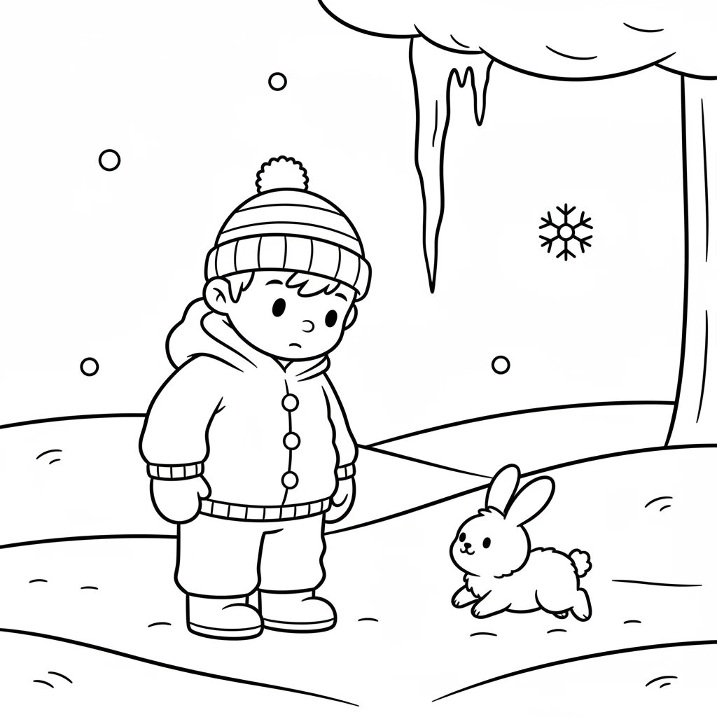 As Flicker admired the icicle, a fluffy white rabbit hopped into view. "Hello!" squeaked the rabbit, whose name was Pip. "Are you enjoying the snow too?"