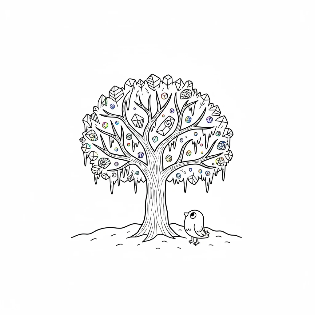 Beyond the snowdrift, they discovered a hidden clearing. In the middle stood a magnificent tree, completely covered in shimmering ice. It sparkled with all the colors of the rainbow.