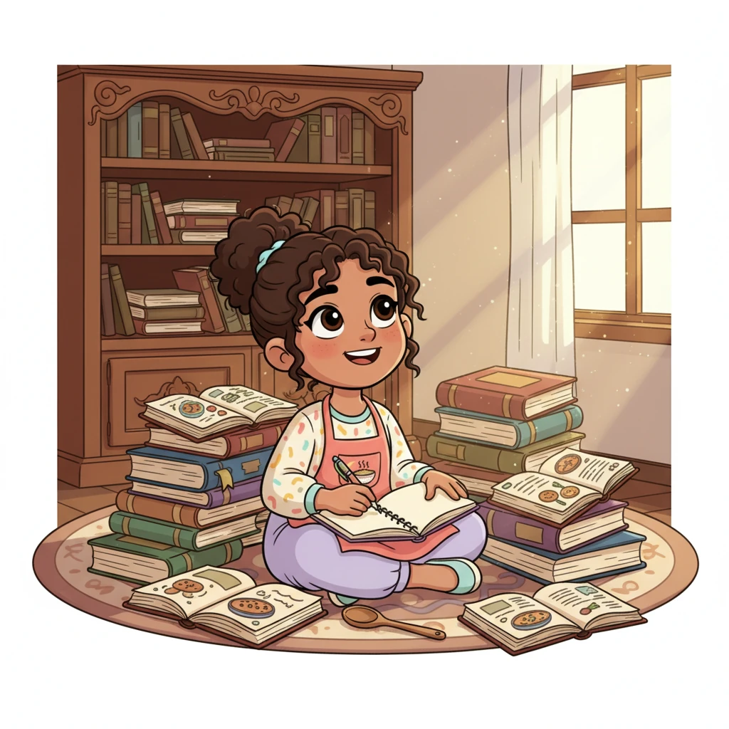 Layla, a bright-eyed girl with a cheerful smile, sat surrounded by her family's oldest recipe books. Dust motes danced in the sunlight as she dreamed of sharing the delicious flavors of Ramadan with everyone. She decided right then to create her very own special recipe book, filled with her favorite dishes.