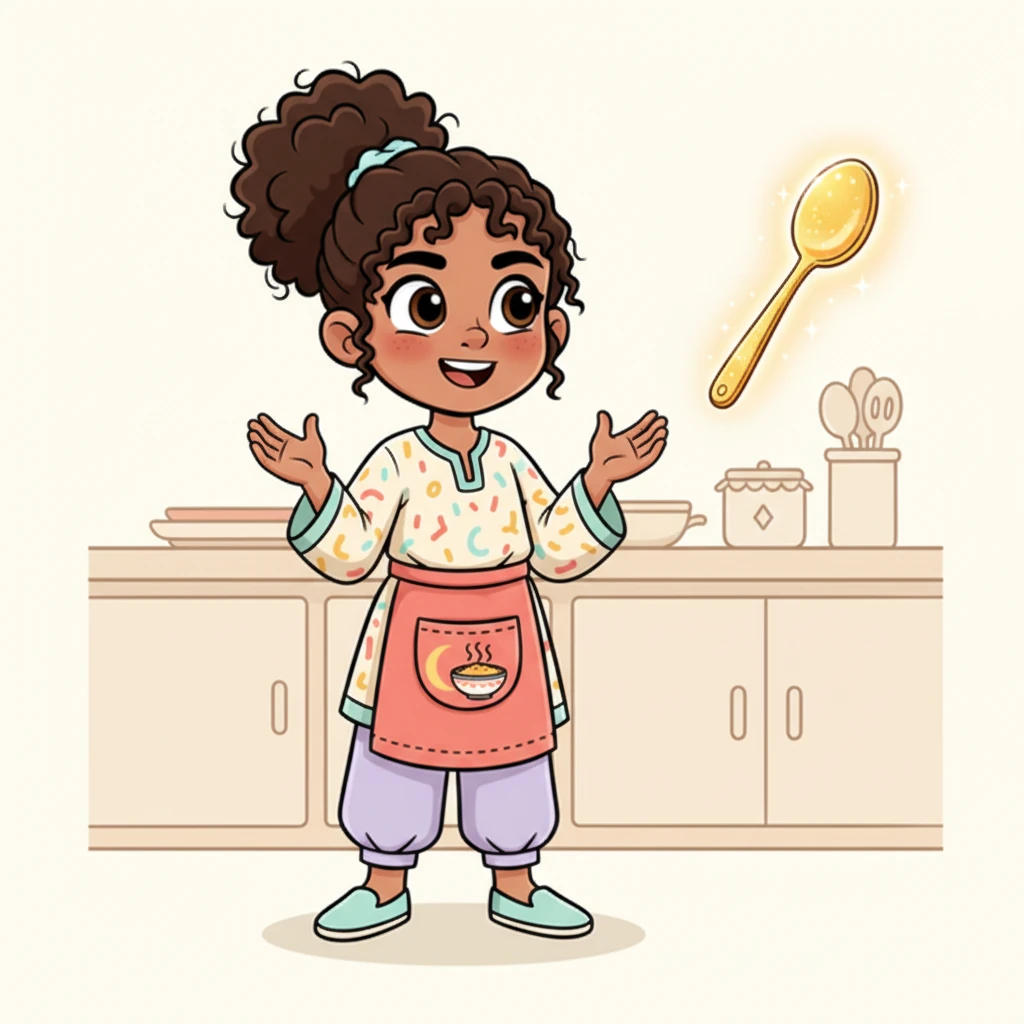 Suddenly, a shimmering, golden spoon appeared, floating gently beside her. It sparkled with a warm glow, hinting at the ease and joy that cooking could bring. Layla gasped in delight, realizing this magical spoon would be her guide on her culinary adventure.